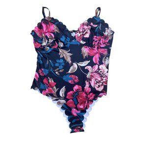 Floral Print Scallop Edge Bodysuit Multicolor Size S